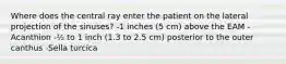 Where does the central ray enter the patient on the lateral projection of the sinuses? -1 inches (5 cm) above the EAM -Acanthion -½ to 1 inch (1.3 to 2.5 cm) posterior to the outer canthus -Sella turcica