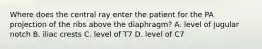 Where does the central ray enter the patient for the PA projection of the ribs above the diaphragm? A. level of jugular notch B. iliac crests C. level of T7 D. level of C7