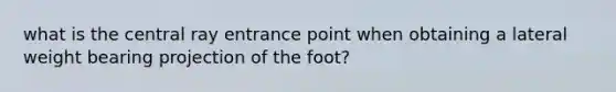 what is the central ray entrance point when obtaining a lateral weight bearing projection of the foot?