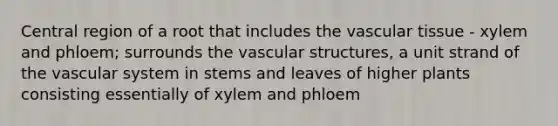 Central region of a root that includes the vascular tissue - xylem and phloem; surrounds the vascular structures, a unit strand of the vascular system in stems and leaves of higher plants consisting essentially of xylem and phloem