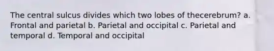 The central sulcus divides which two lobes of thecerebrum? a. Frontal and parietal b. Parietal and occipital c. Parietal and temporal d. Temporal and occipital