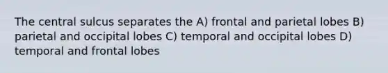 The central sulcus separates the A) frontal and parietal lobes B) parietal and occipital lobes C) temporal and occipital lobes D) temporal and frontal lobes