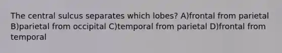 The central sulcus separates which lobes? A)frontal from parietal B)parietal from occipital C)temporal from parietal D)frontal from temporal