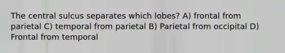 The central sulcus separates which lobes? A) frontal from parietal C) temporal from parietal B) Parietal from occipital D) Frontal from temporal