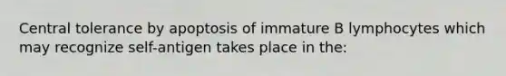 Central tolerance by apoptosis of immature B lymphocytes which may recognize self-antigen takes place in the: