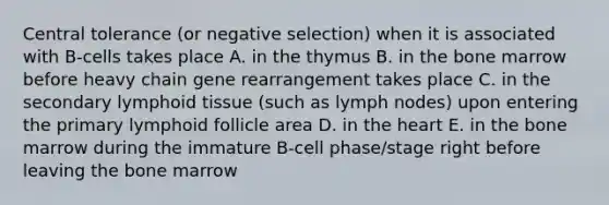 Central tolerance (or negative selection) when it is associated with B-cells takes place A. in the thymus B. in the bone marrow before heavy chain gene rearrangement takes place C. in the secondary lymphoid tissue (such as lymph nodes) upon entering the primary lymphoid follicle area D. in the heart E. in the bone marrow during the immature B-cell phase/stage right before leaving the bone marrow