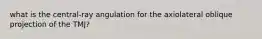 what is the central-ray angulation for the axiolateral oblique projection of the TMJ?