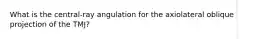 What is the central-ray angulation for the axiolateral oblique projection of the TMJ?