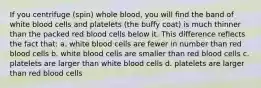 If you centrifuge (spin) whole blood, you will find the band of white blood cells and platelets (the buffy coat) is much thinner than the packed red blood cells below it. This difference reflects the fact that: a. white blood cells are fewer in number than red blood cells b. white blood cells are smaller than red blood cells c. platelets are larger than white blood cells d. platelets are larger than red blood cells