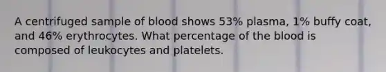 A centrifuged sample of blood shows 53% plasma, 1% buffy coat, and 46% erythrocytes. What percentage of the blood is composed of leukocytes and platelets.