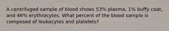 A centrifuged sample of blood shows 53% plasma, 1% buffy coat, and 46% erythrocytes. What percent of the blood sample is composed of leukocytes and platelets?