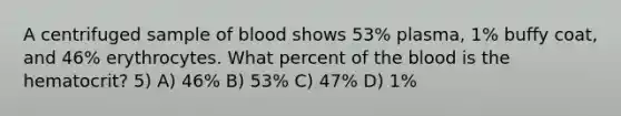 A centrifuged sample of blood shows 53% plasma, 1% buffy coat, and 46% erythrocytes. What percent of <a href='https://www.questionai.com/knowledge/k7oXMfj7lk-the-blood' class='anchor-knowledge'>the blood</a> is the hematocrit? 5) A) 46% B) 53% C) 47% D) 1%