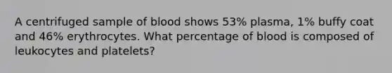 A centrifuged sample of blood shows 53% plasma, 1% buffy coat and 46% erythrocytes. What percentage of blood is composed of leukocytes and platelets?