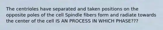 The centrioles have separated and taken positions on the opposite poles of the cell Spindle fibers form and radiate towards the center of the cell IS AN PROCESS IN WHICH PHASE???