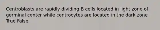 Centroblasts are rapidly dividing B cells located in light zone of germinal center while centrocytes are located in the dark zone True False