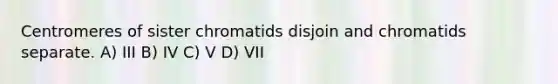 Centromeres of sister chromatids disjoin and chromatids separate. A) III B) IV C) V D) VII