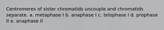 Centromeres of sister chromatids uncouple and chromatids separate. a. metaphase I b. anaphase I c. telophase I d. prophase II e. anaphase II