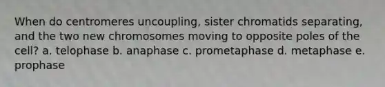 When do centromeres uncoupling, sister chromatids separating, and the two new chromosomes moving to opposite poles of the cell? a. telophase b. anaphase c. prometaphase d. metaphase e. prophase