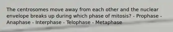 The centrosomes move away from each other and the nuclear envelope breaks up during which phase of mitosis? - Prophase - Anaphase - Interphase - Telophase - Metaphase