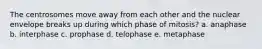 The centrosomes move away from each other and the nuclear envelope breaks up during which phase of mitosis? a. anaphase b. interphase c. prophase d. telophase e. metaphase