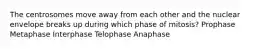 The centrosomes move away from each other and the nuclear envelope breaks up during which phase of mitosis? Prophase Metaphase Interphase Telophase Anaphase