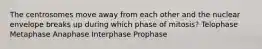 The centrosomes move away from each other and the nuclear envelope breaks up during which phase of mitosis? Telophase Metaphase Anaphase Interphase Prophase