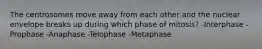 The centrosomes move away from each other and the nuclear envelope breaks up during which phase of mitosis? -Interphase -Prophase -Anaphase -Telophase -Metaphase