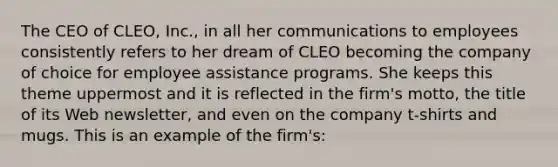 The CEO of CLEO, Inc., in all her communications to employees consistently refers to her dream of CLEO becoming the company of choice for employee assistance programs. She keeps this theme uppermost and it is reflected in the firm's motto, the title of its Web newsletter, and even on the company t-shirts and mugs. This is an example of the firm's: