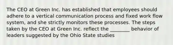 The CEO at Green Inc. has established that employees should adhere to a vertical communication process and fixed work flow system, and she strictly monitors these processes. The steps taken by the CEO at Green Inc. reflect the ________ behavior of leaders suggested by the Ohio State studies