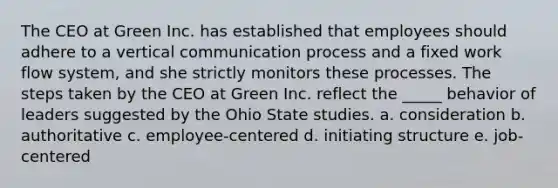 The CEO at Green Inc. has established that employees should adhere to a vertical communication process and a fixed work flow system, and she strictly monitors these processes. The steps taken by the CEO at Green Inc. reflect the _____ behavior of leaders suggested by the Ohio State studies. a. consideration b. authoritative c. employee-centered d. initiating structure e. job-centered