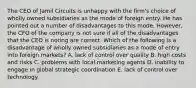 The CEO of Jamil Circuits is unhappy with the firm's choice of wholly owned subsidiaries as the mode of foreign entry. He has pointed out a number of disadvantages to this mode. However, the CFO of the company is not sure if all of the disadvantages that the CEO is noting are correct. Which of the following is a disadvantage of wholly owned subsidiaries as a mode of entry into foreign markets? A. lack of control over quality B. high costs and risks C. problems with local marketing agents D. inability to engage in global strategic coordination E. lack of control over technology