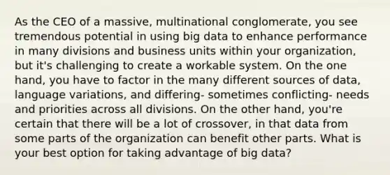 As the CEO of a massive, multinational conglomerate, you see tremendous potential in using big data to enhance performance in many divisions and business units within your organization, but it's challenging to create a workable system. On the one hand, you have to factor in the many different sources of data, language variations, and differing- sometimes conflicting- needs and priorities across all divisions. On the other hand, you're certain that there will be a lot of crossover, in that data from some parts of the organization can benefit other parts. What is your best option for taking advantage of big data?