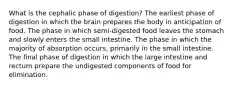 What is the cephalic phase of digestion? The earliest phase of digestion in which the brain prepares the body in anticipation of food. The phase in which semi-digested food leaves the stomach and slowly enters the small intestine. The phase in which the majority of absorption occurs, primarily in the small intestine. The final phase of digestion in which the large intestine and rectum prepare the undigested components of food for elimination.