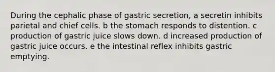 During the cephalic phase of gastric secretion, a secretin inhibits parietal and chief cells. b the stomach responds to distention. c production of gastric juice slows down. d increased production of gastric juice occurs. e the intestinal reflex inhibits gastric emptying.