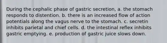 During the cephalic phase of gastric secretion, a. the stomach responds to distention. b. there is an increased flow of action potentials along the vagus nerve to the stomach. c. secretin inhibits parietal and chief cells. d. the intestinal reflex inhibits gastric emptying. e. production of gastric juice slows down.