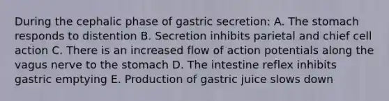 During the cephalic phase of gastric secretion: A. The stomach responds to distention B. Secretion inhibits parietal and chief cell action C. There is an increased flow of action potentials along the vagus nerve to the stomach D. The intestine reflex inhibits gastric emptying E. Production of gastric juice slows down