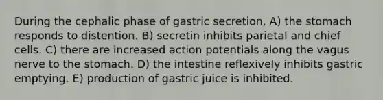 During the cephalic phase of gastric secretion, A) <a href='https://www.questionai.com/knowledge/kLccSGjkt8-the-stomach' class='anchor-knowledge'>the stomach</a> responds to distention. B) secretin inhibits parietal and chief cells. C) there are increased action potentials along the vagus nerve to the stomach. D) the intestine reflexively inhibits gastric emptying. E) production of gastric juice is inhibited.