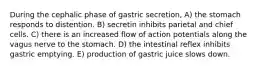 During the cephalic phase of gastric secretion, A) the stomach responds to distention. B) secretin inhibits parietal and chief cells. C) there is an increased flow of action potentials along the vagus nerve to the stomach. D) the intestinal reflex inhibits gastric emptying. E) production of gastric juice slows down.