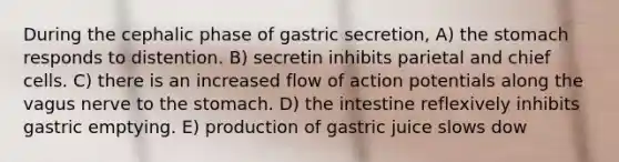 During the cephalic phase of gastric secretion, A) the stomach responds to distention. B) secretin inhibits parietal and chief cells. C) there is an increased flow of action potentials along the vagus nerve to the stomach. D) the intestine reflexively inhibits gastric emptying. E) production of gastric juice slows dow