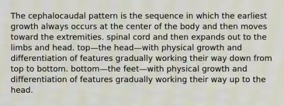 The cephalocaudal pattern is the sequence in which the earliest growth always occurs at the center of the body and then moves toward the extremities. spinal cord and then expands out to the limbs and head. top—the head—with physical growth and differentiation of features gradually working their way down from top to bottom. bottom—the feet—with physical growth and differentiation of features gradually working their way up to the head.