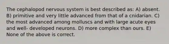 The cephalopod nervous system is best described as: A) absent. B) primitive and very little advanced from that of a cnidarian. C) the most advanced among molluscs and with large acute eyes and well- developed neurons. D) more complex than ours. E) None of the above is correct.