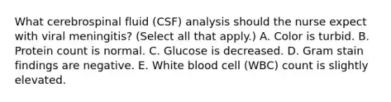 What cerebrospinal fluid (CSF) analysis should the nurse expect with viral meningitis? (Select all that apply.) A. Color is turbid. B. Protein count is normal. C. Glucose is decreased. D. Gram stain findings are negative. E. White blood cell (WBC) count is slightly elevated.