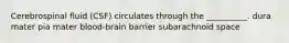 Cerebrospinal fluid (CSF) circulates through the __________. dura mater pia mater blood-brain barrier subarachnoid space