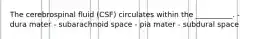 The cerebrospinal fluid (CSF) circulates within the __________. - dura mater - subarachnoid space - pia mater - subdural space