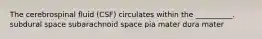 The cerebrospinal fluid (CSF) circulates within the __________. subdural space subarachnoid space pia mater dura mater