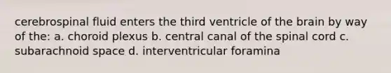 cerebrospinal fluid enters the third ventricle of the brain by way of the: a. choroid plexus b. central canal of the spinal cord c. subarachnoid space d. interventricular foramina