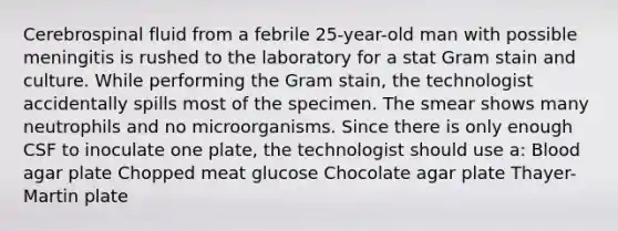 Cerebrospinal fluid from a febrile 25-year-old man with possible meningitis is rushed to the laboratory for a stat Gram stain and culture. While performing the Gram stain, the technologist accidentally spills most of the specimen. The smear shows many neutrophils and no microorganisms. Since there is only enough CSF to inoculate one plate, the technologist should use a: Blood agar plate Chopped meat glucose Chocolate agar plate Thayer-Martin plate