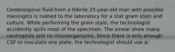 Cerebrospinal fluid from a febrile 25-year-old man with possible meningitis is rushed to the laboratory for a stat gram stain and culture. While performing the gram stain, the technologist accidently spills most of the specimen. The smear show many neutrophils and no microorganisms. Since there is only enough CSF to inoculate one plate, the technologist should use a: