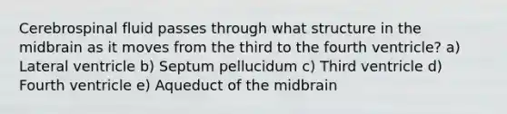 Cerebrospinal fluid passes through what structure in the midbrain as it moves from the third to the fourth ventricle? a) Lateral ventricle b) Septum pellucidum c) Third ventricle d) Fourth ventricle e) Aqueduct of the midbrain