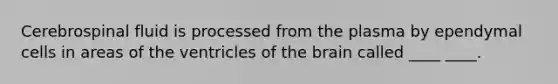 Cerebrospinal fluid is processed from the plasma by ependymal cells in areas of the ventricles of <a href='https://www.questionai.com/knowledge/kLMtJeqKp6-the-brain' class='anchor-knowledge'>the brain</a> called ____ ____.